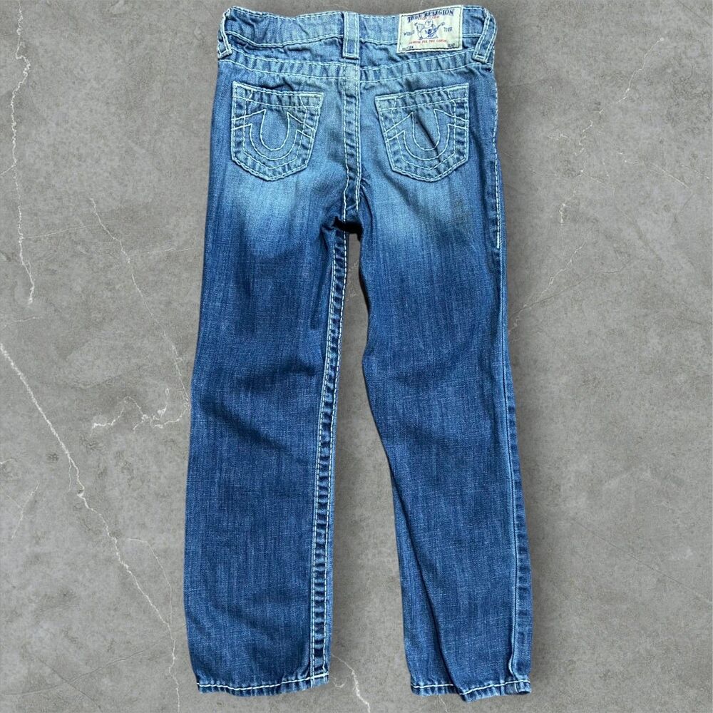 True Religion Big T White Stitched Denim Blue Jeans Cotton Womens Size 7